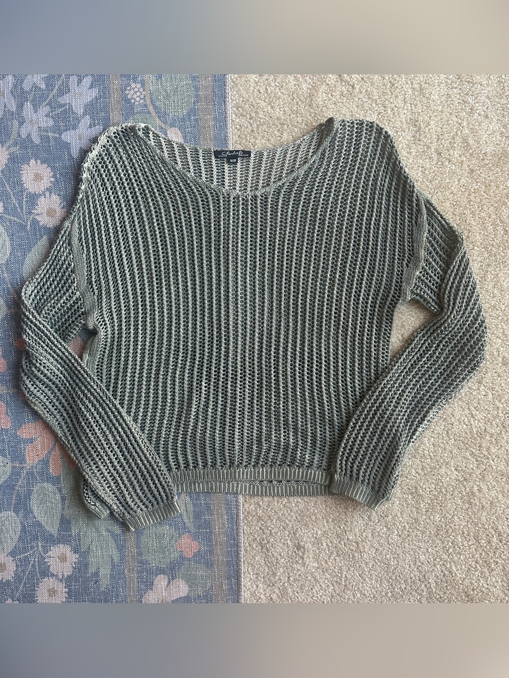 CHARLIE B Olive Open-Knit Scoop Neck Sweater